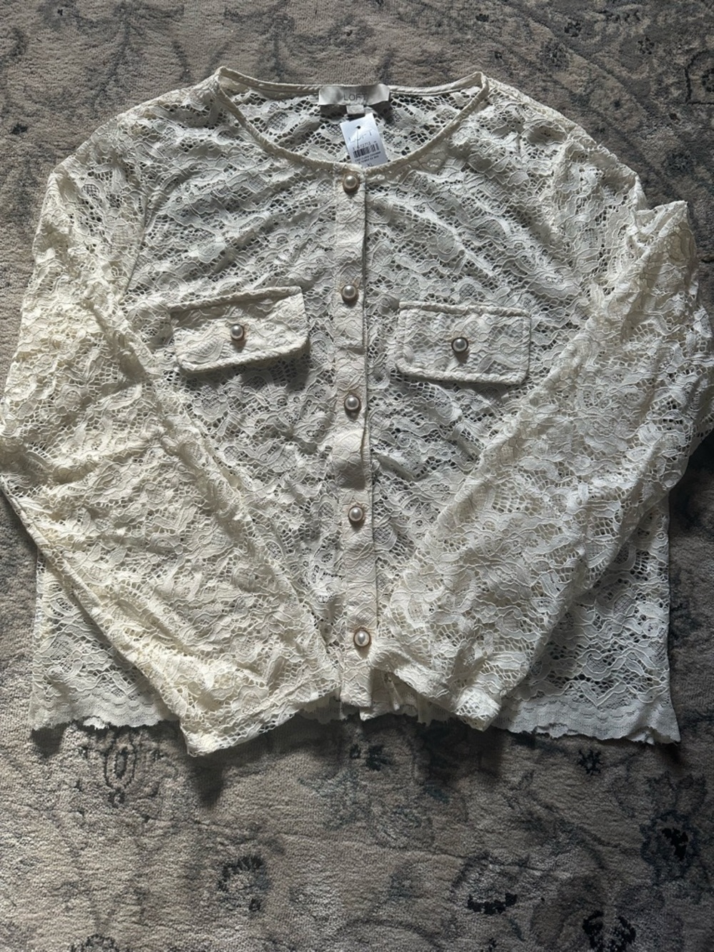 LOFT Cream Lace Button-Up Jacket with Pearl Buttons